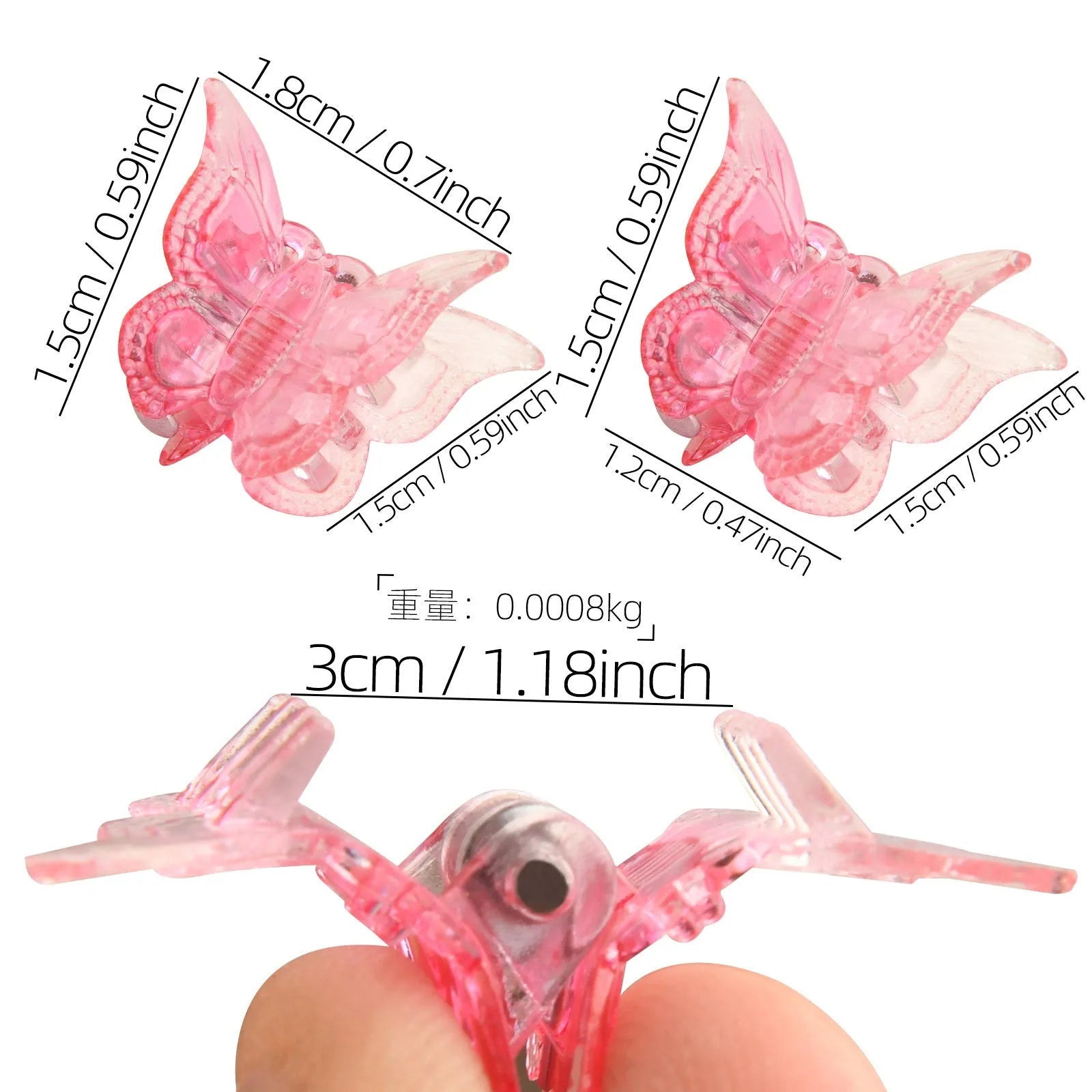 Set of 50 mini butterfly hair claw clips in assorted glitter colours on white background
