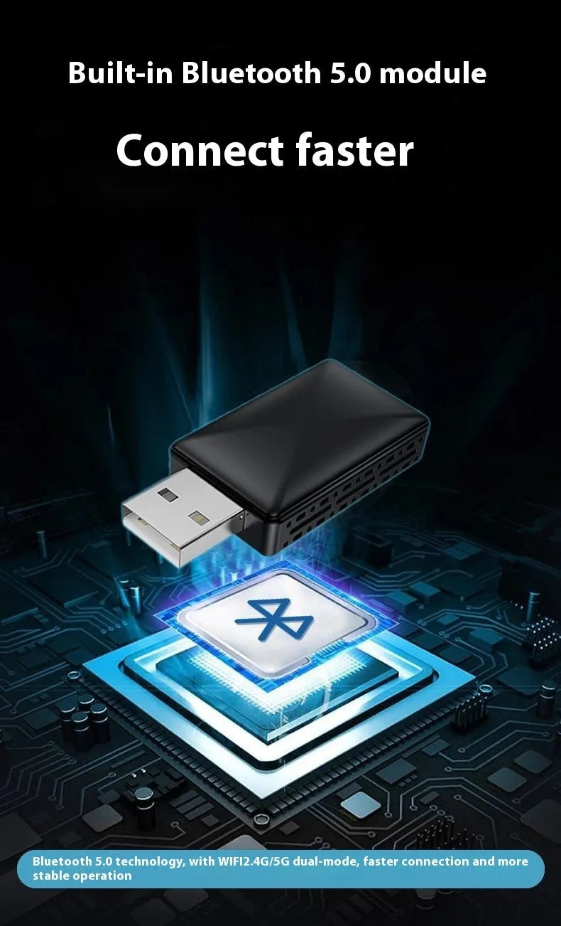 Two-in-one wired to wireless car interconnection box in black ABS with USB and Type C interfaces
