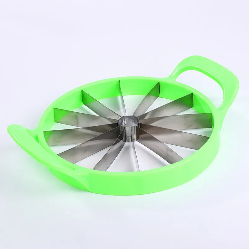 Green watermelon slicer with 410 stainless steel blade and non-slip handle on table