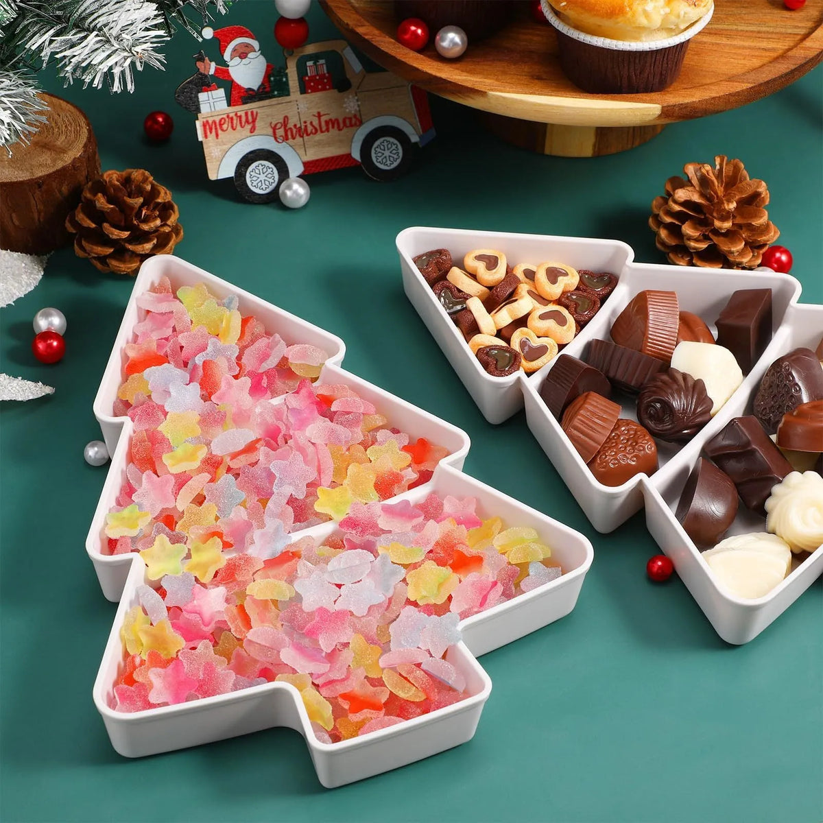Christmas tree shaped plastic fruit platter and divided snack tray, 25.5 x 18.5cm, in blue, grey, pink or white.