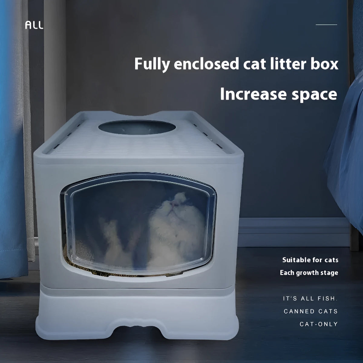 Folding fully enclosed cat litter box 51x41x44cm in ABS PP, available in blue pink or grey