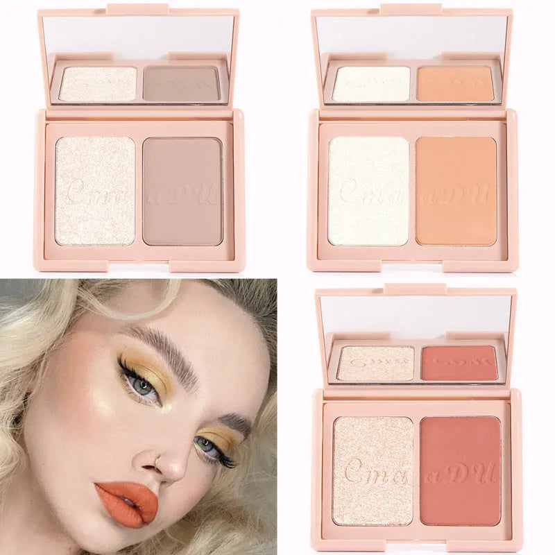 Two-tone blush highlighter and contouring palette 90x70mm with three colour combinations: warm grey shadow, warm orange blush, peach apricot pink blush