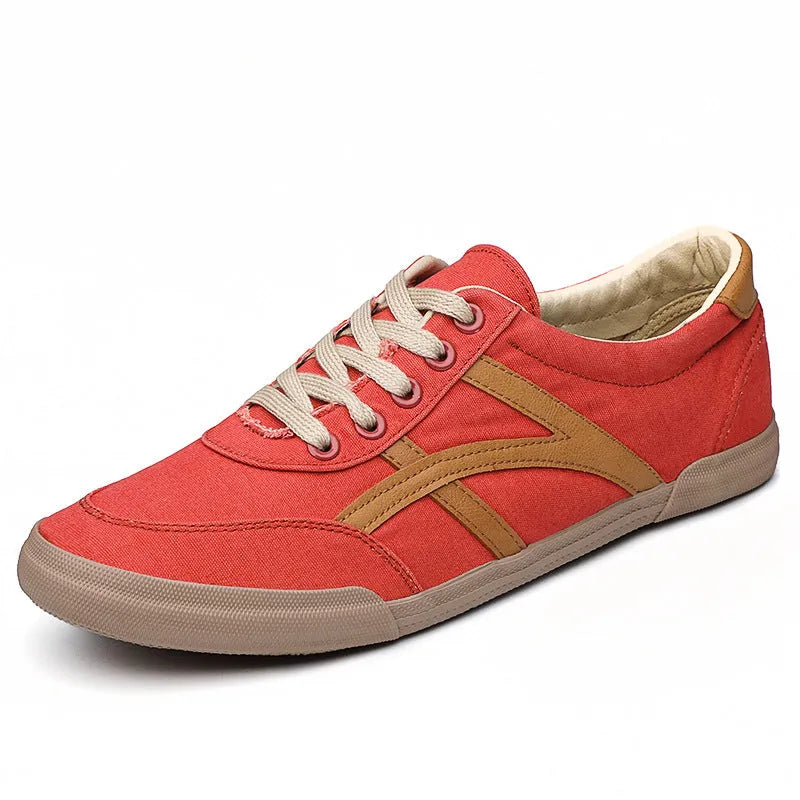 Men's breathable canvas casual shoes, low top flat heel with front lace-up, shown in solid colour options