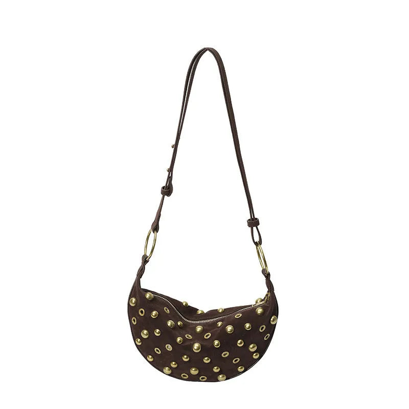 Retro rivet bag in frosted imitation buckskin suede with dumpling shape and sewing line details