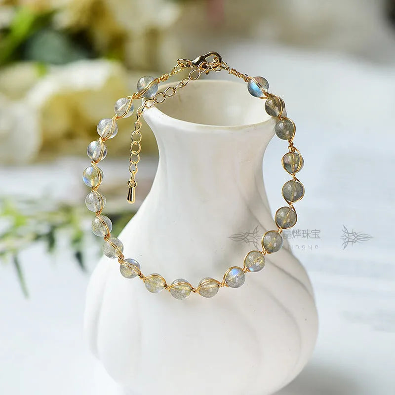 14K gilded blue moonstone bracelet with 6mm crystal gemstones and metal elements