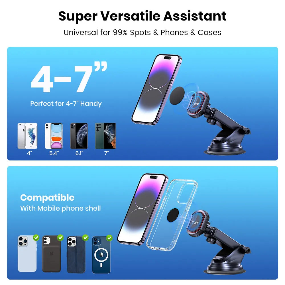 Magnetic car phone holder with suction cup and hook bracket, universal mobile phone mount, D37 style options