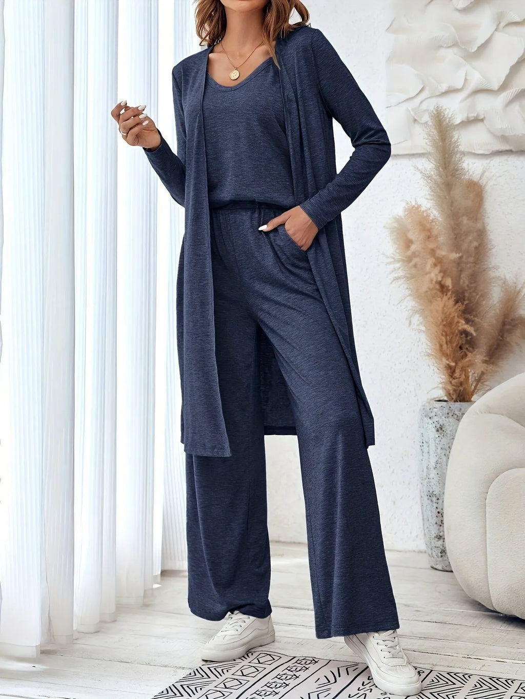 Women's blue polyester casual suit with long sleeve top, trousers, and suspenders in Japanese Korean style