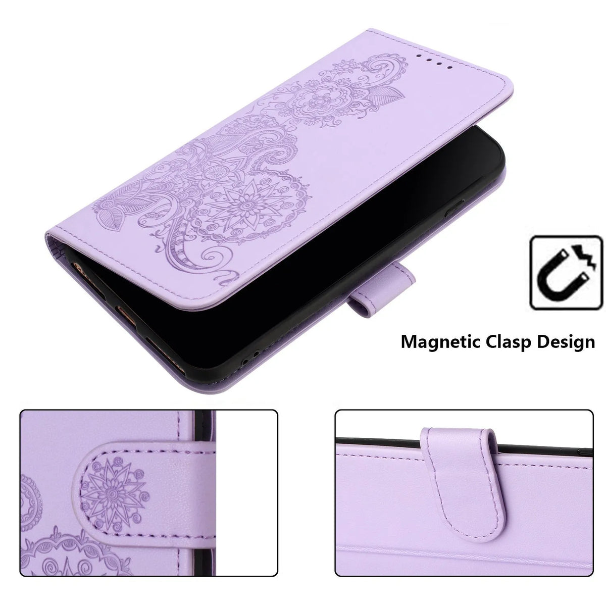 Embossed Datura flower flip leather Samsung phone case with card holder in royal blue