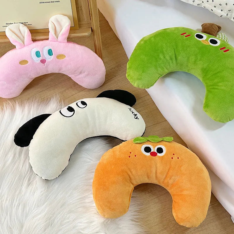 Plush U-shape pet pillow, 23cm by 30cm, in green apple, black ear white puppy, pink rabbit, or orange