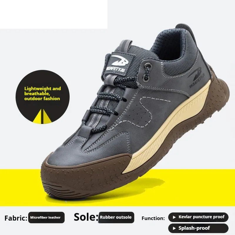 Flyknit work safety shoe with leather upper and rubber sole shown in black colour.