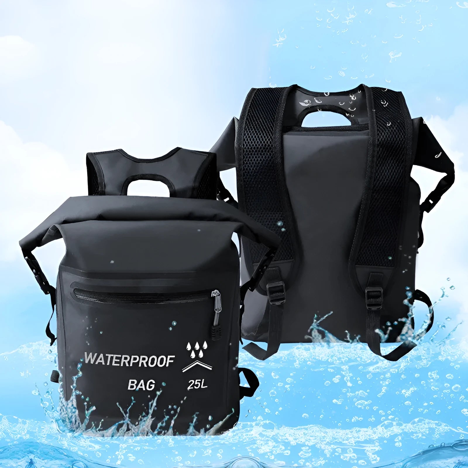 Black 25 litre waterproof backpack for river tracing rafting and swimming