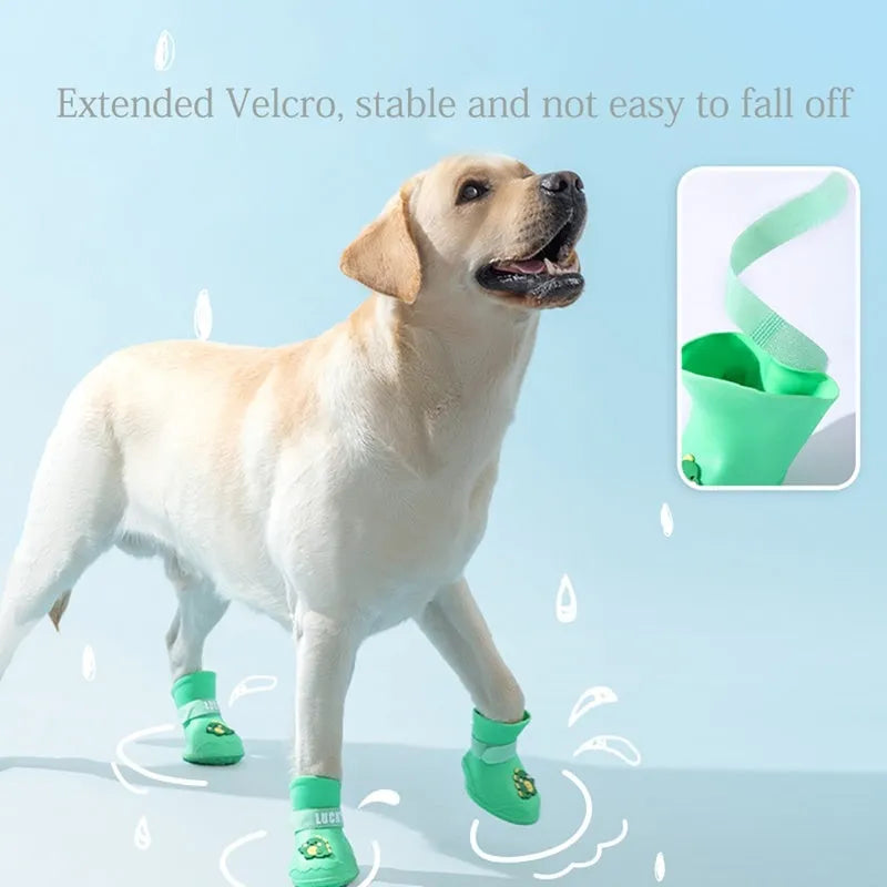 Waterproof anti-slip rubber pet rain boots in blue, green, pink, yellow, 4-pack, sizes L-5XL