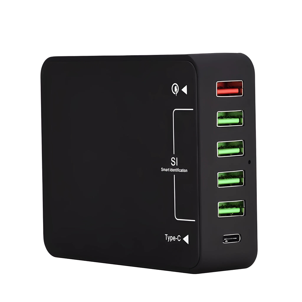 Black multi-port USB mobile phone charger with direct charging 8000mA output