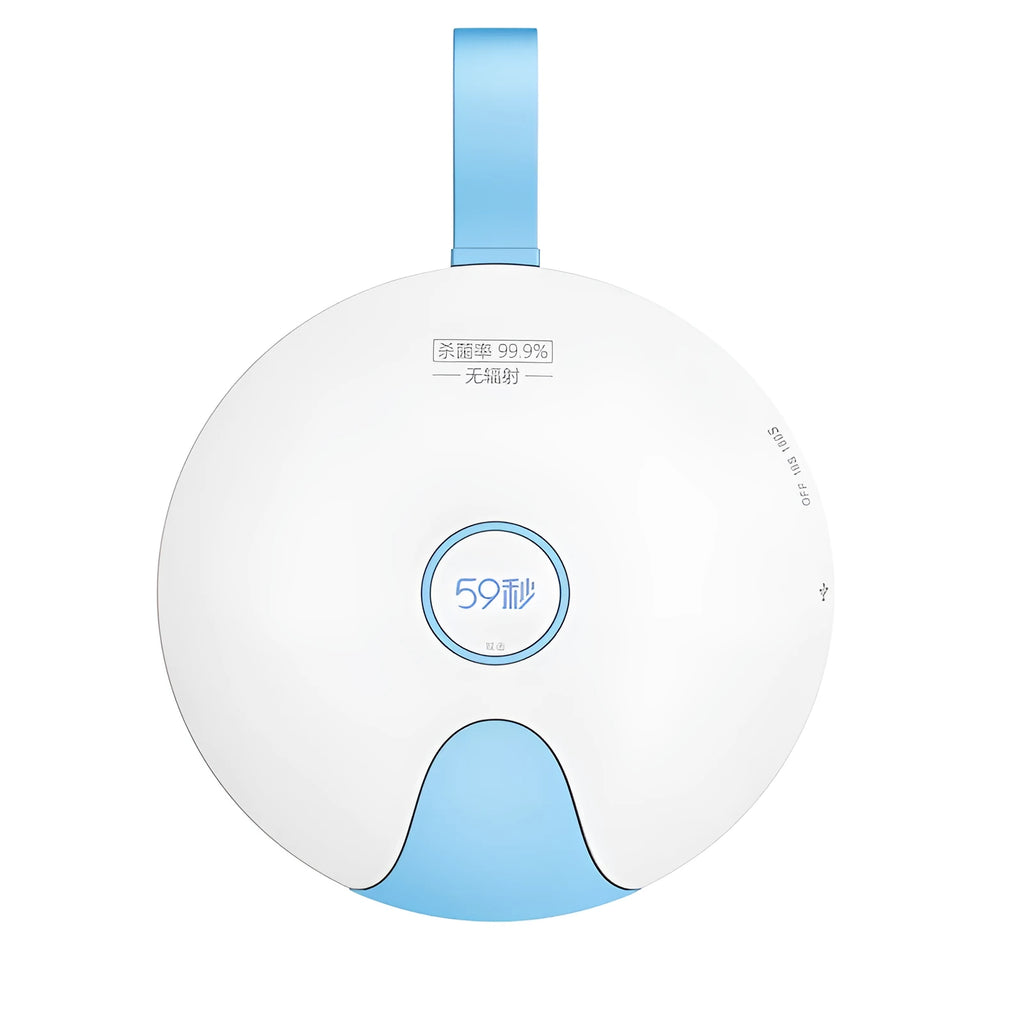 Blue portable UV baby bottle steriliser with USB charging cable on a white background