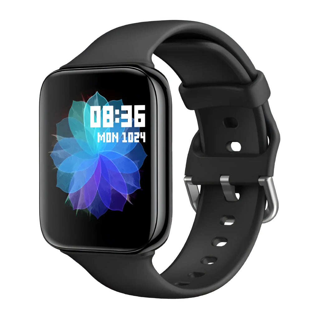 Black smart bracelet with a 1.44-inch screen on a silicone strap, showing a blood pressure reading