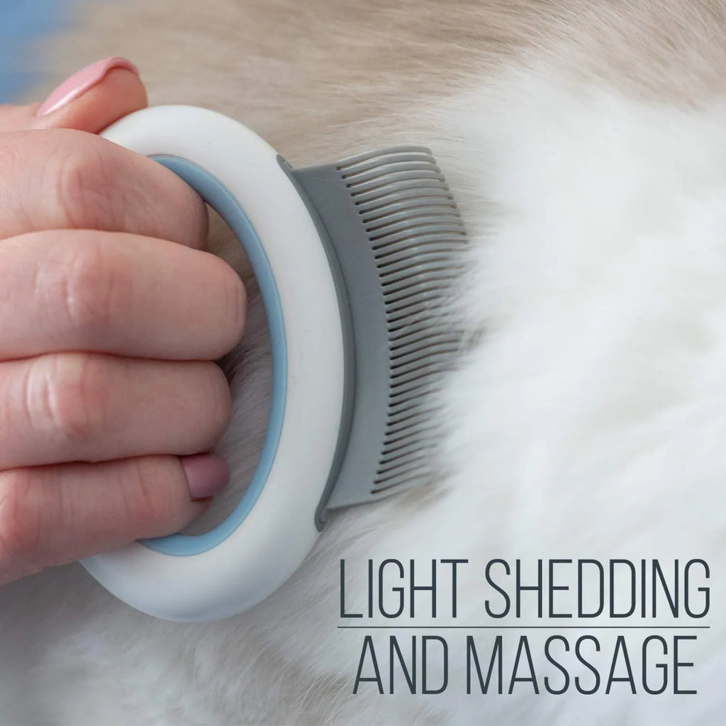 Blue pet grooming comb for cats and dogs with ergonomic handle for deshedding and dematting