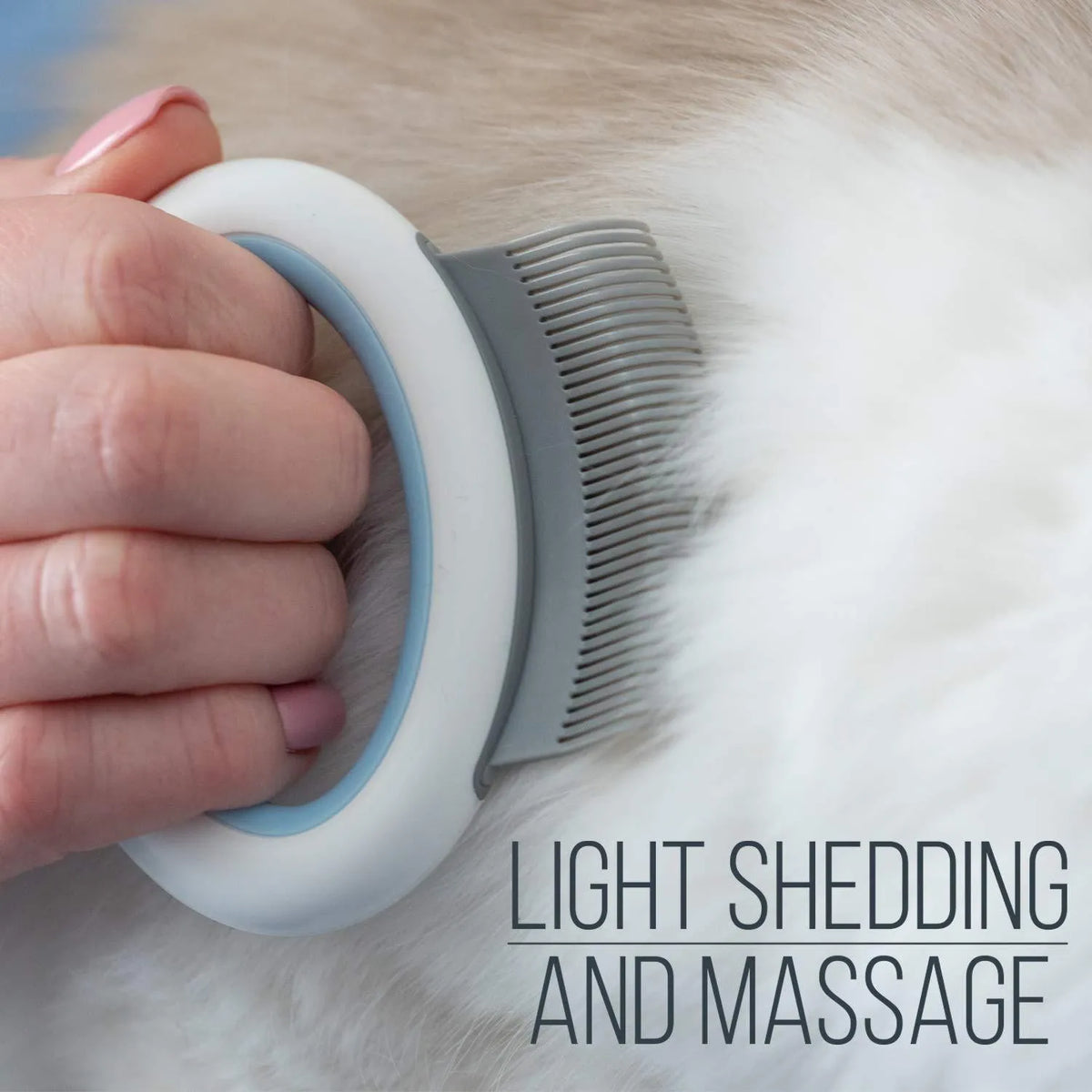 Blue pet grooming comb for cats and dogs with ergonomic handle for deshedding and dematting