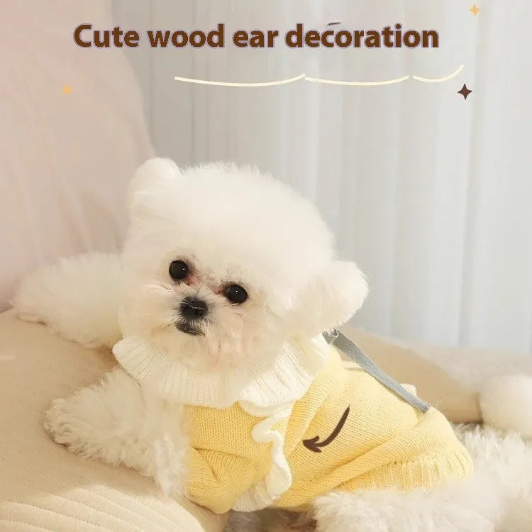 Yellow autumn dog sweater on small pet showing XINGX and fairy dress style options with size chart