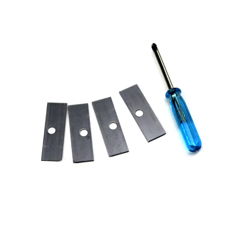 Four-hole plastic pencil sharpener with geometric boxed design and screwdriver