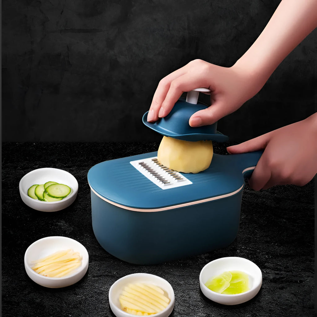 Vegetable cutter with four blades, hand protector, drain basket, bottom basin, 28.5 x 8.5cm, stainless steel and ABS