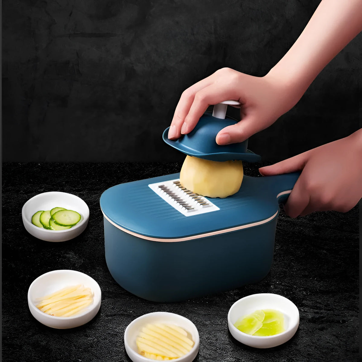 Vegetable cutter with four blades, hand protector, drain basket, bottom basin, 28.5 x 8.5cm, stainless steel and ABS