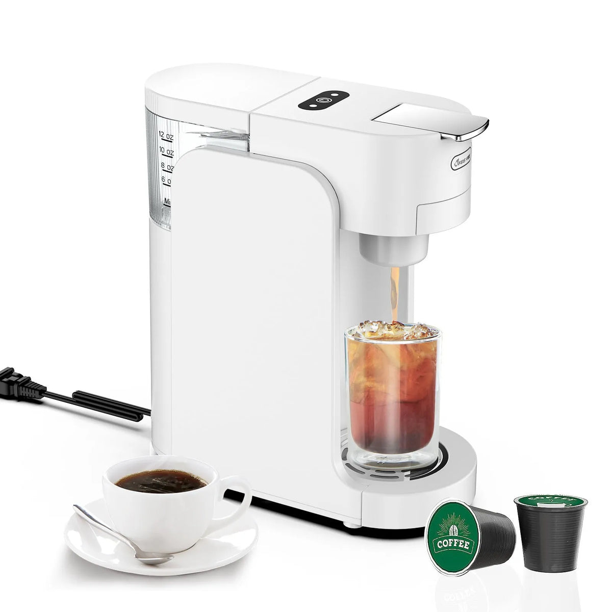 Black and white compact K-Cup capsule coffee machine with transparent water tank on kitchen counter.
