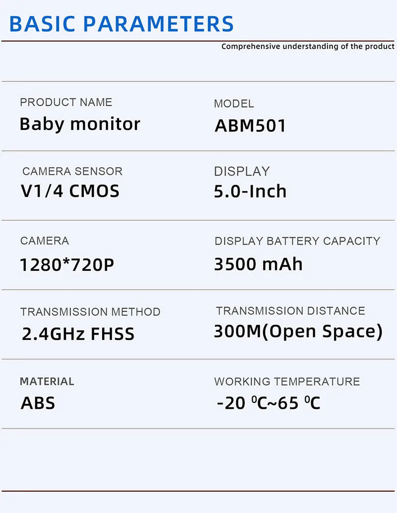 White ABM501 HD wireless baby monitor with 5-inch screen on a table.