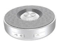 Compact Bluetooth speaker in black, orange, and silvery white colour options