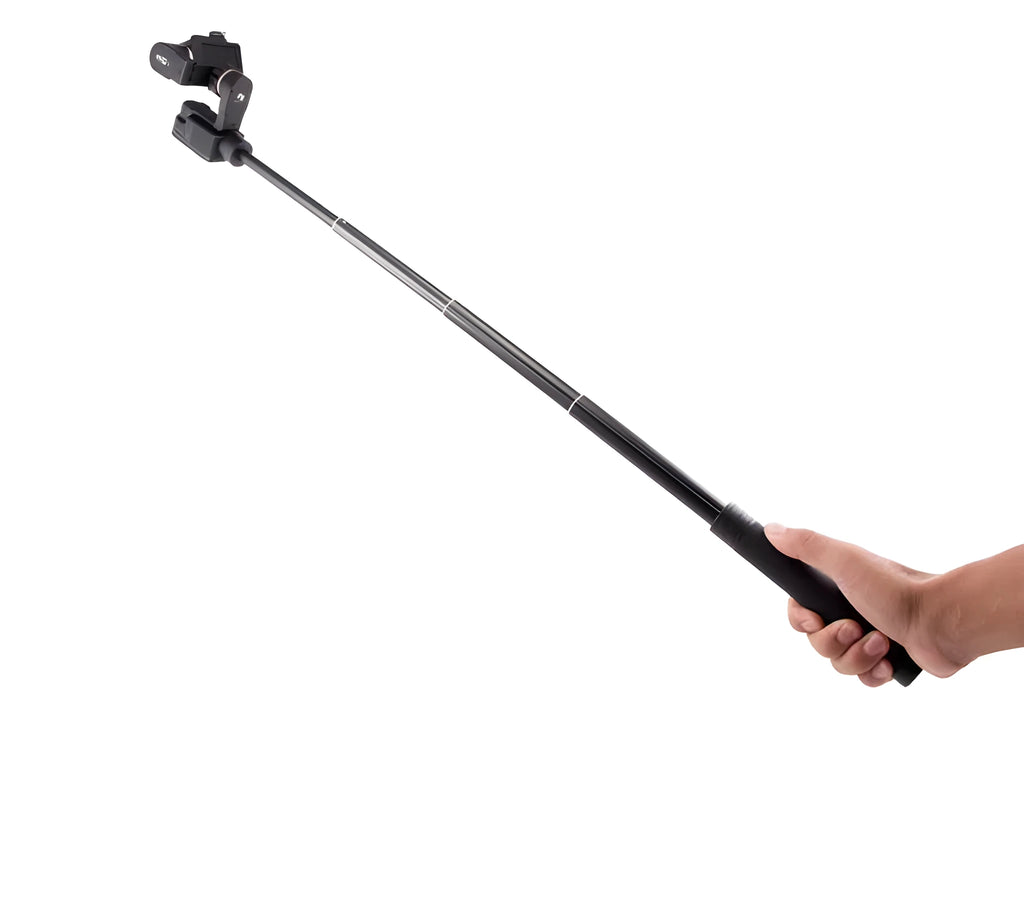 Black retractable aluminium selfie stick fully extended to 180cm with a smartphone attached.