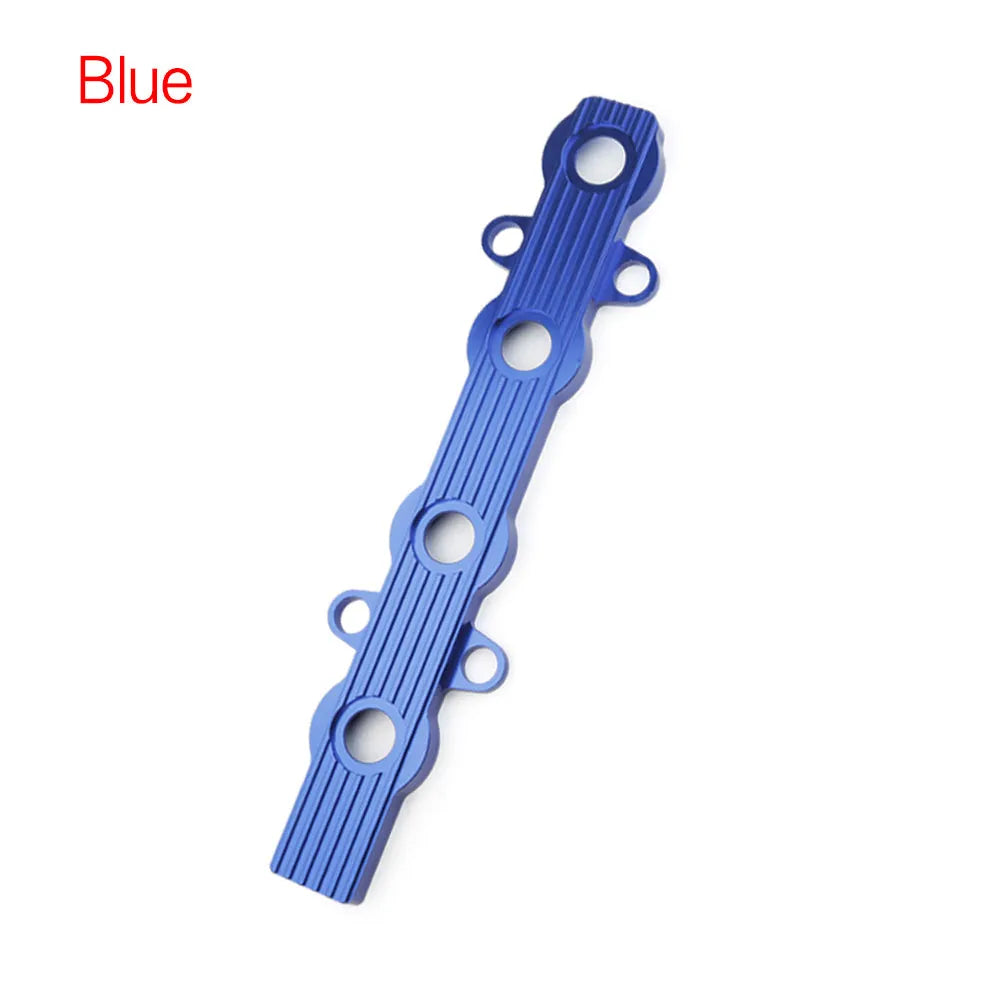 Aluminium alloy engine harness housing cover in blue, red, and silver, shown with and without mounting holes.