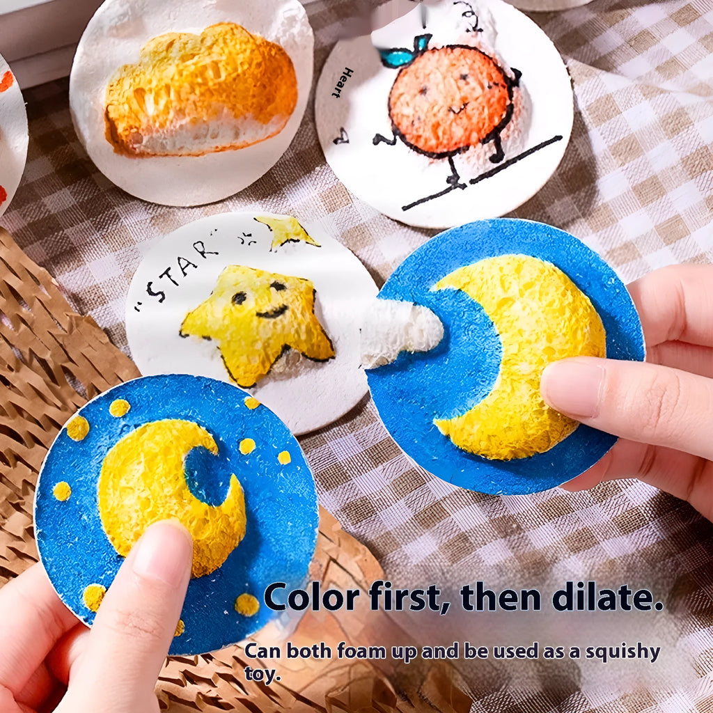 Painting sponge craft set showing heart, round, and square shapes with wood pulp paper and fountain pens
