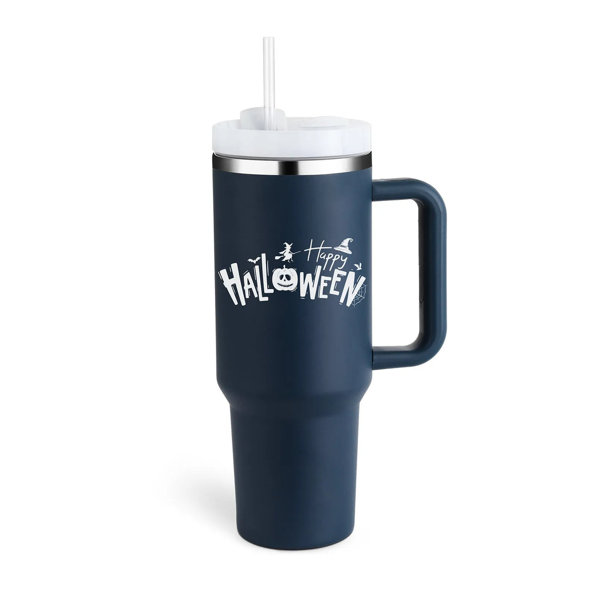 40 oz insulated stainless steel tumbler with handle straw and spill proof lid in a tapered design for car or gym use
