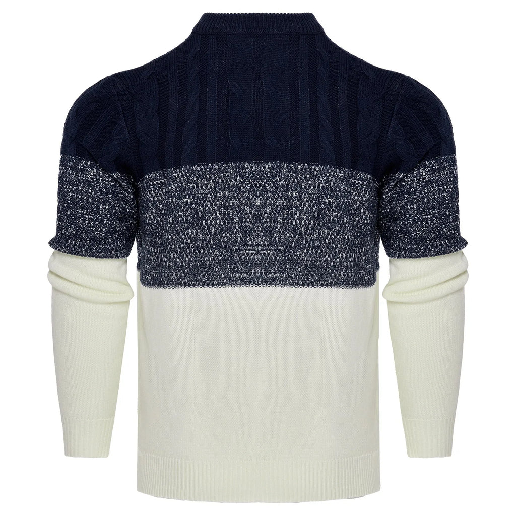 Men's grey knitted sweater with long sleeves, crew neck, and ribbed hem cuffs laid flat