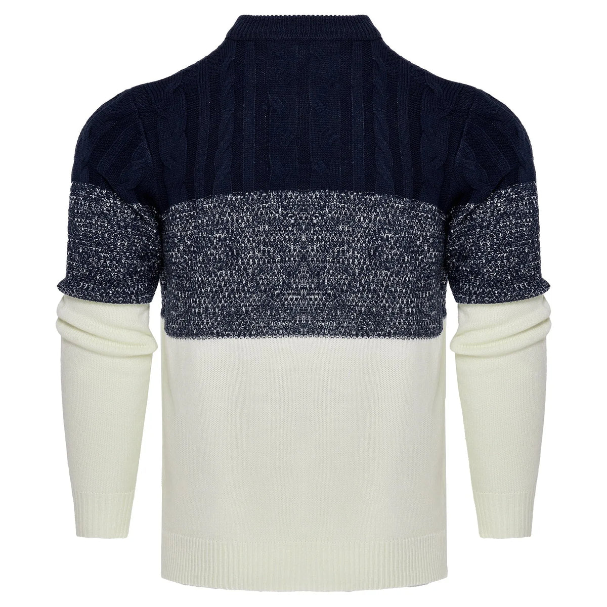 Men's grey knitted sweater with long sleeves, crew neck, and ribbed hem cuffs laid flat
