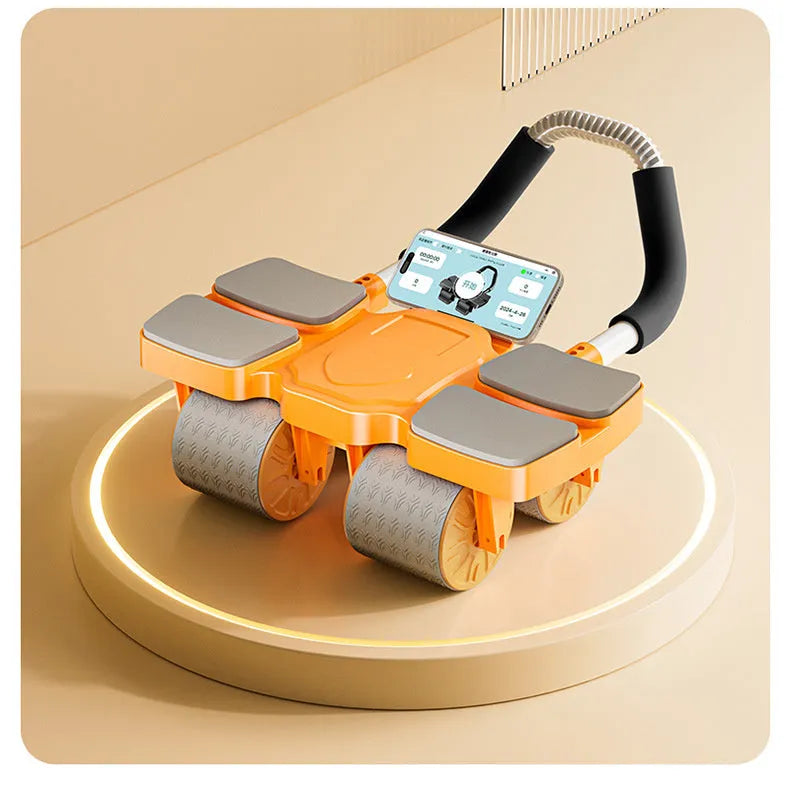 Abdominal wheel fitness equipment with four wheels in black, blue, or orange colour options