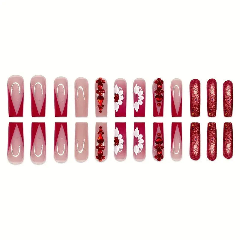 MY069 long European Square false nails with Sweet Flowers and red diamond design, shown with jelly glue and file.