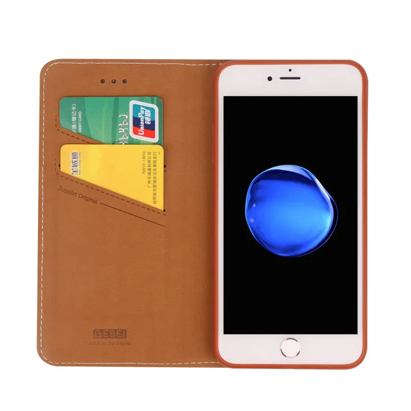 PU leather wallet phone case for iPhone with card slots in black, blue, brown, khaki, and pink colours.