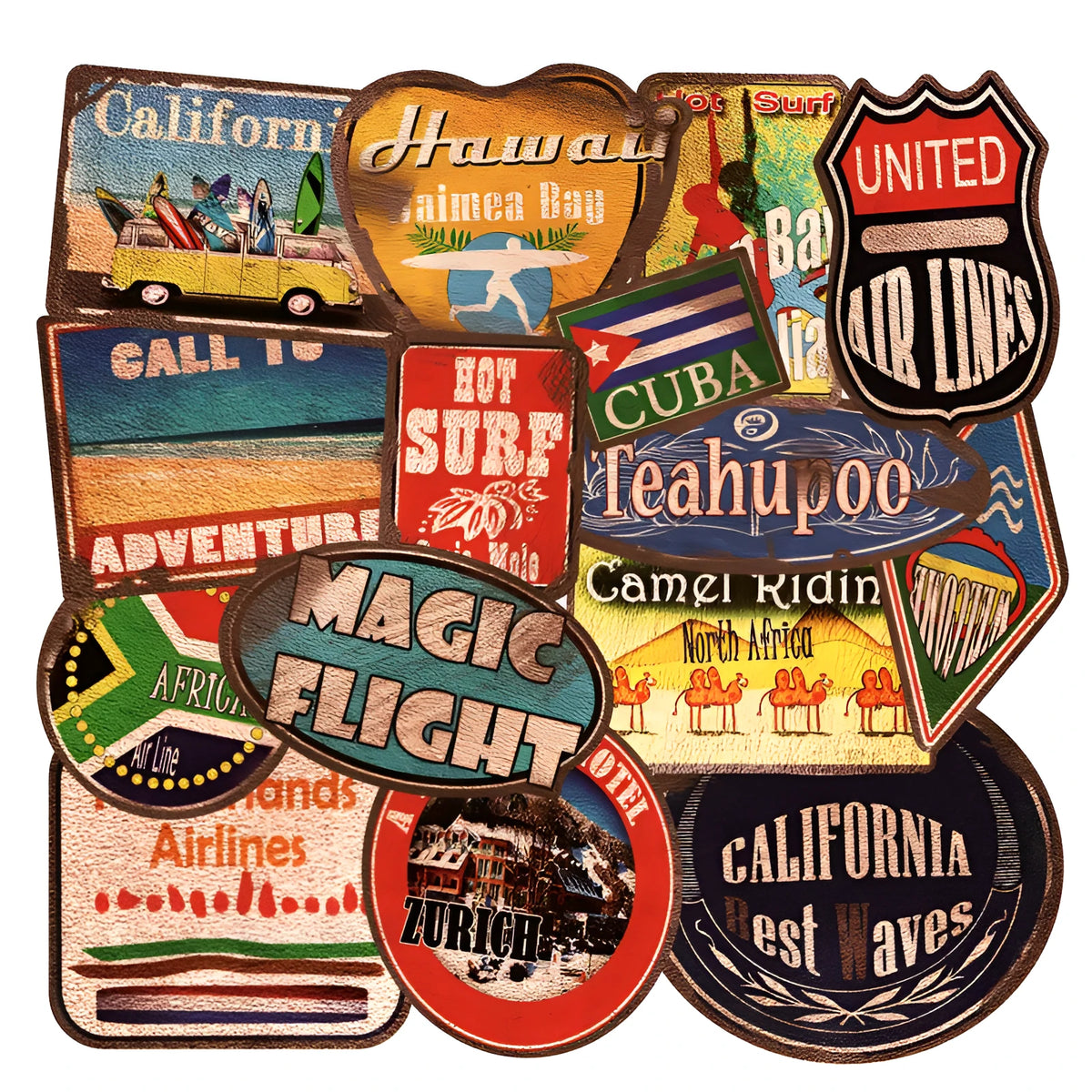 Pack of 36 retro beach themed surfing and travel stickers in sizes from 6cm to 10cm.