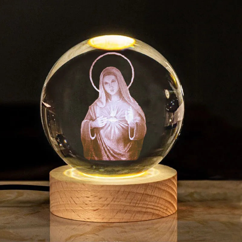 6cm white crystal ball desk lamp with religious symbols on solid wood warm light base