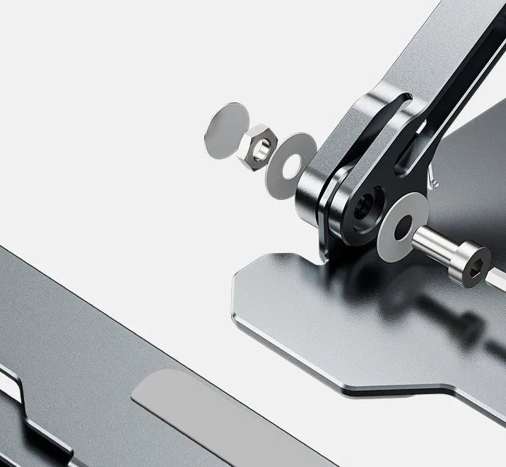 Grey aluminium adjustable laptop stand in folded and open positions, showing hollow design