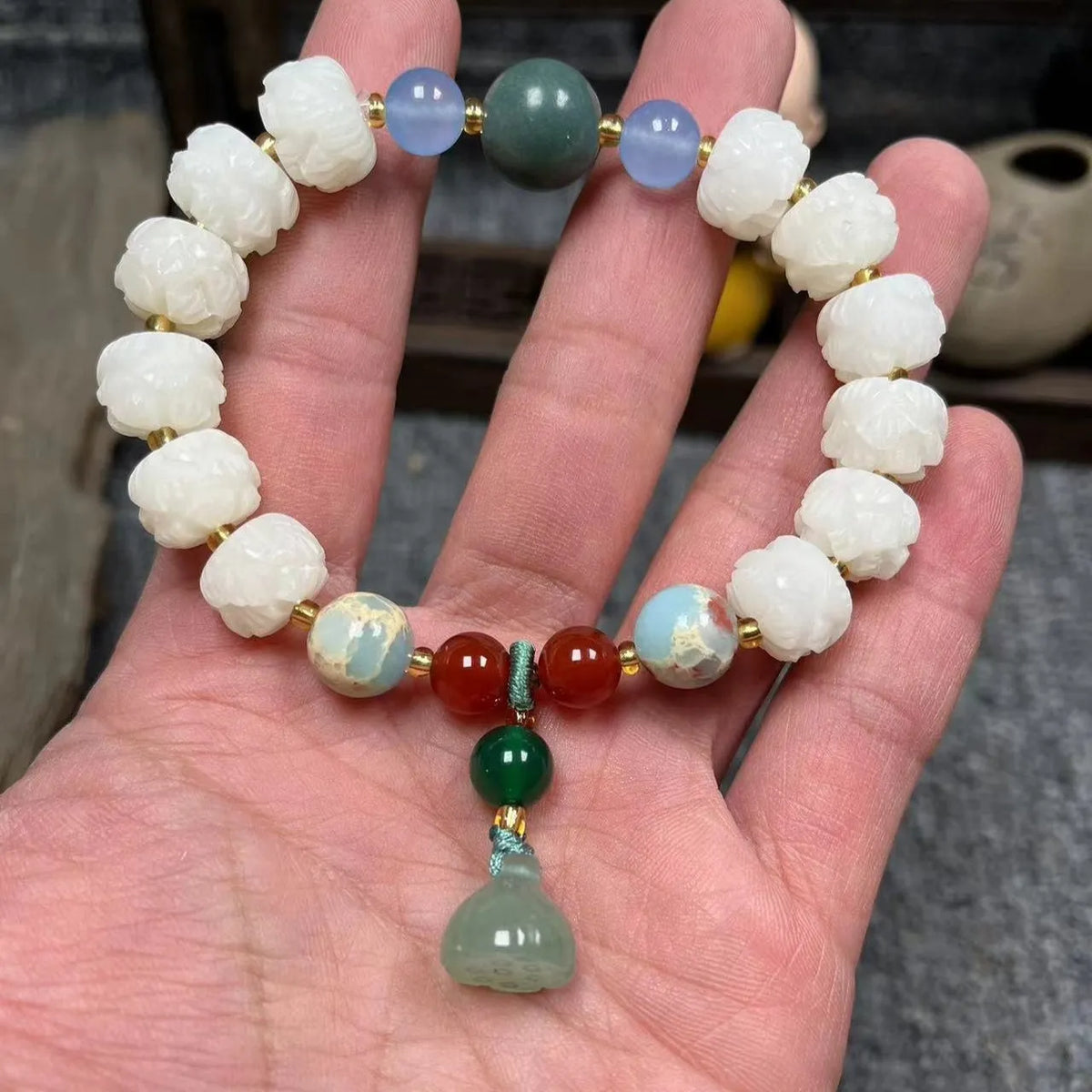 Hand-carved pumpkin lotus beads bracelet in white jade and bodhi root with multiple bead sizes