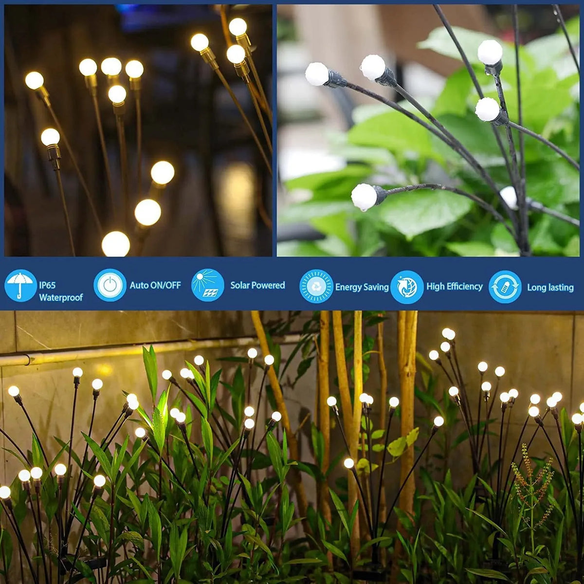 Solar-powered LED garden lamp with multiple light heads and ground plug stakes on a lawn