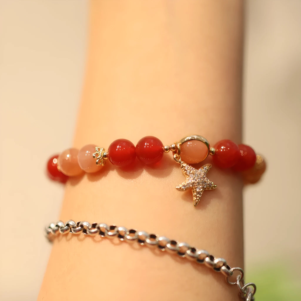 Handmade women's red agate sunstone bracelet 8mm beads star shape ethnic style