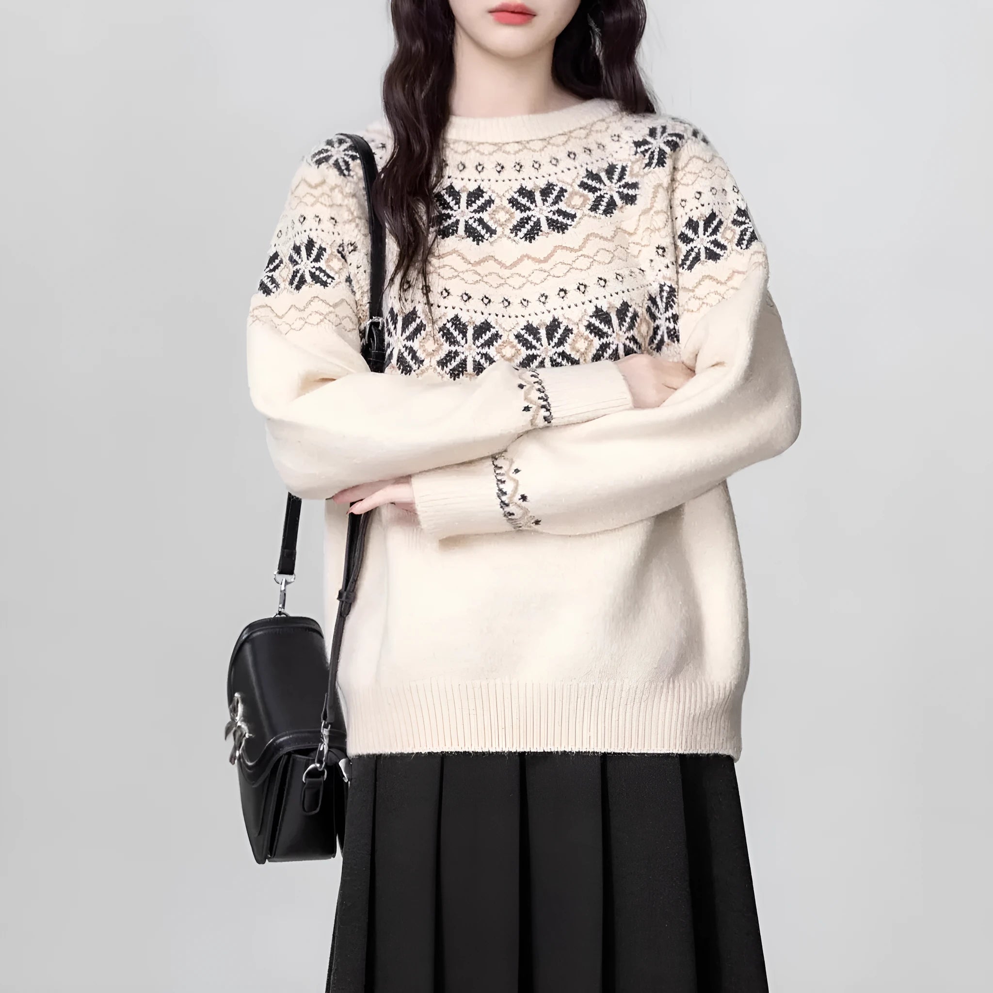 Women's Milky White vintage Fair Isle geometric pattern knit pullover sweater with long sleeves.