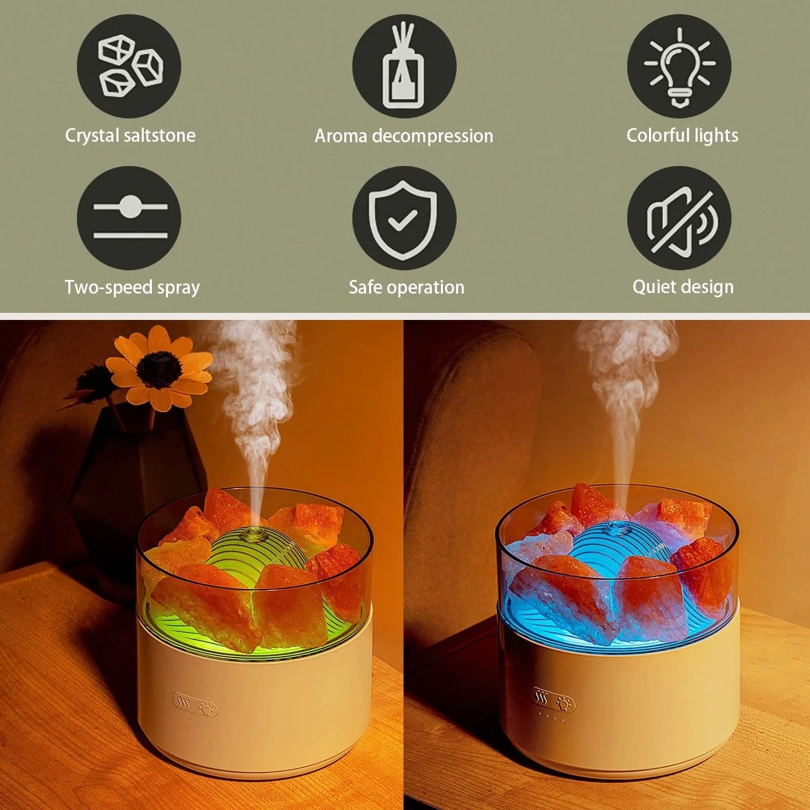 Cool-mist impeller humidifier with Himalayan salt crystal aroma diffuser and 7-colour LED night light in white
