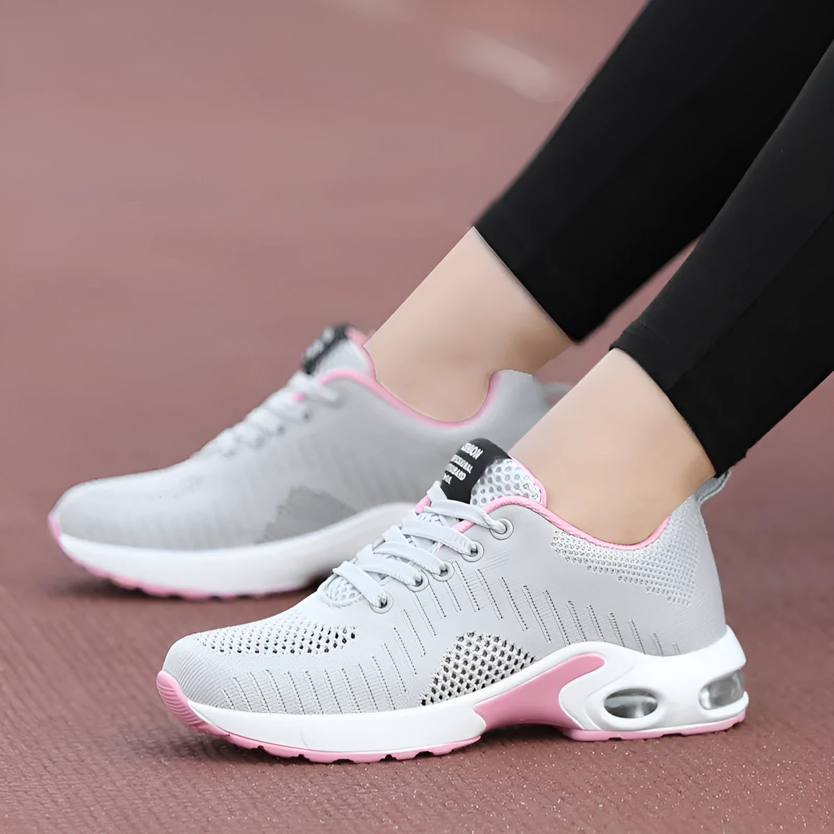 Women's sheep suede leather sport shoes with shock absorption, shown in Black, Pink Grey, Purple and Red, sizes 35-42.