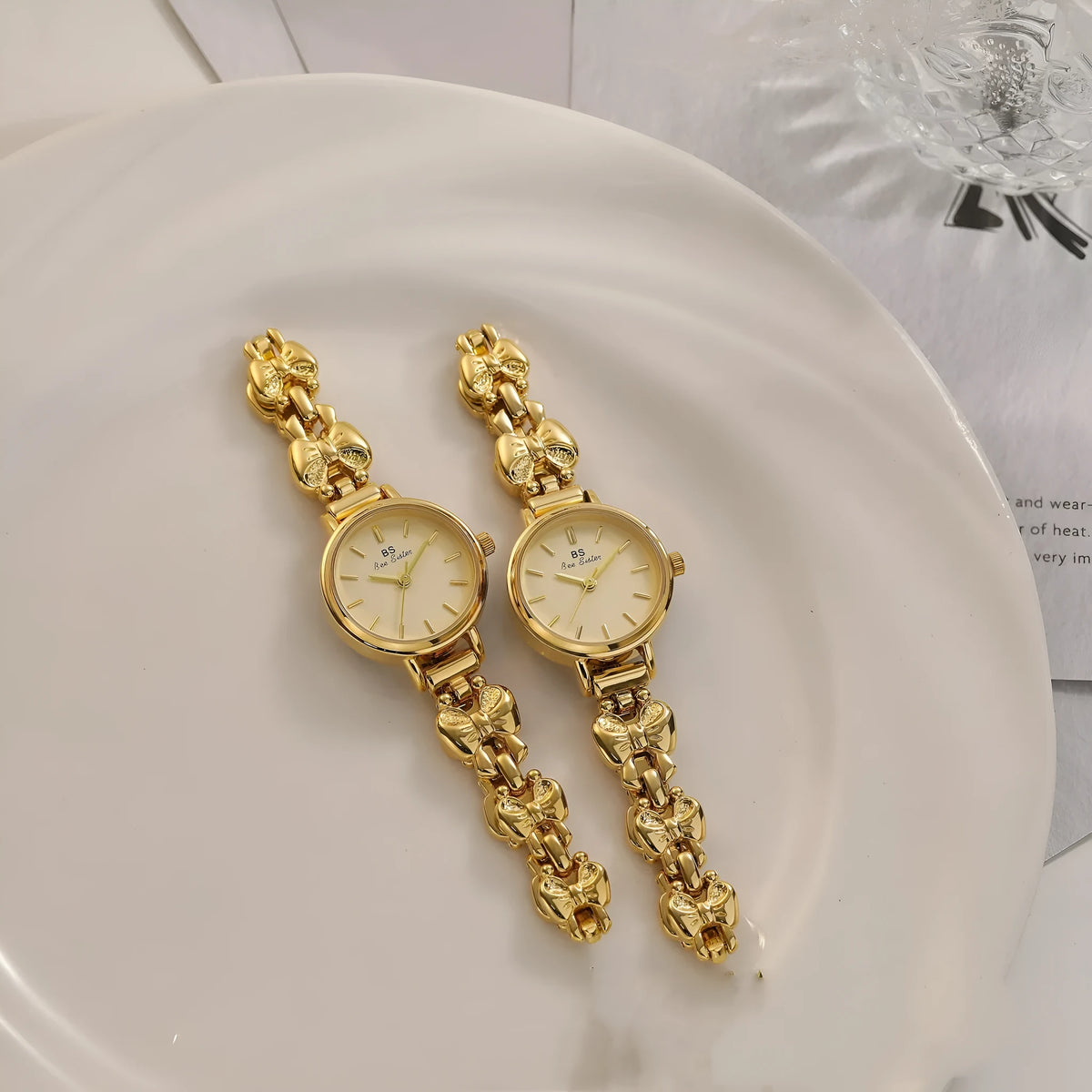 Women's French retro style watch with 7mm thin alloy case, shown in golden white, silver white, vintage gold and baby blue