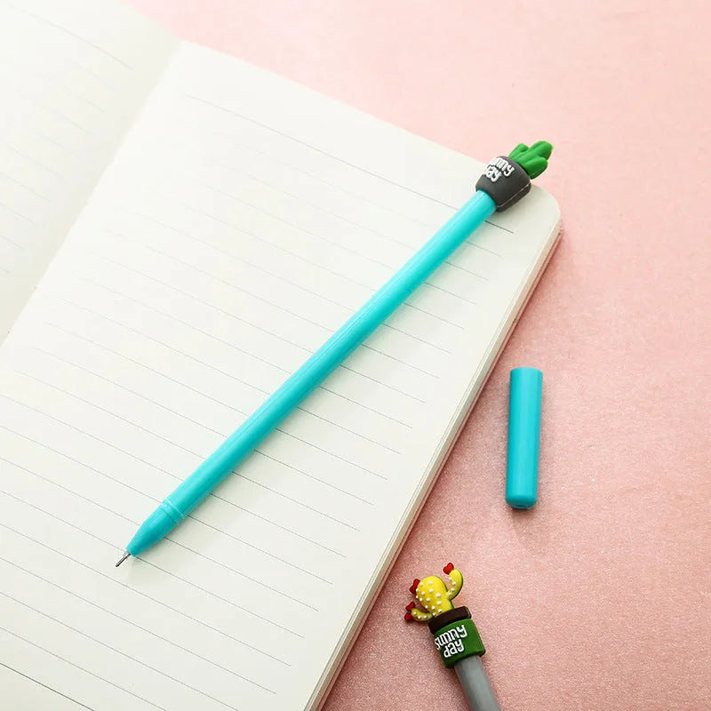 Potted cactus gel pen set 4 pens plastic silicone 18.5cm fine 0.5mm tip blue colorful gray green yellow