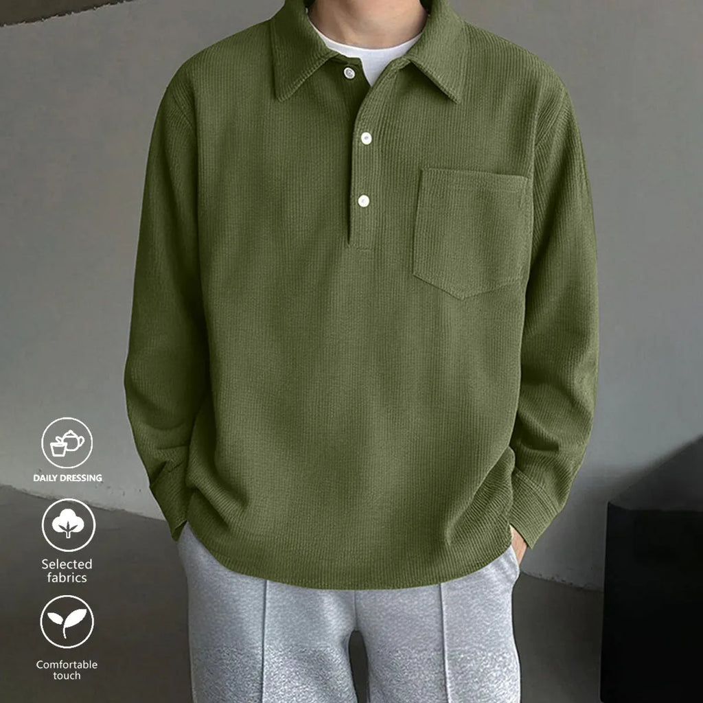 American retro casual bottoming shirt pullover in black, loose fit polyester fibre top on plain background.