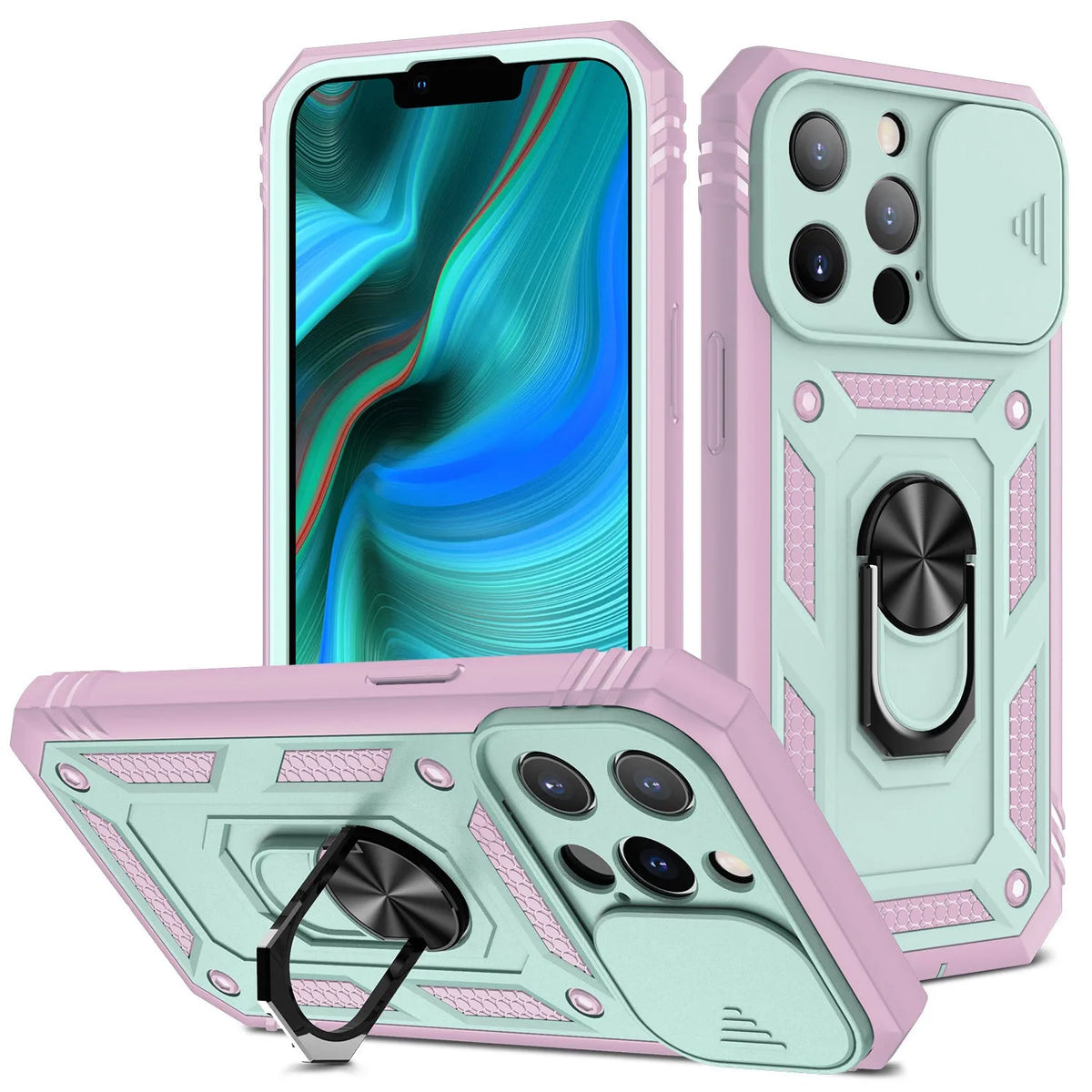 Magnetic iPhone case with sliding window bracket in two-tone colours